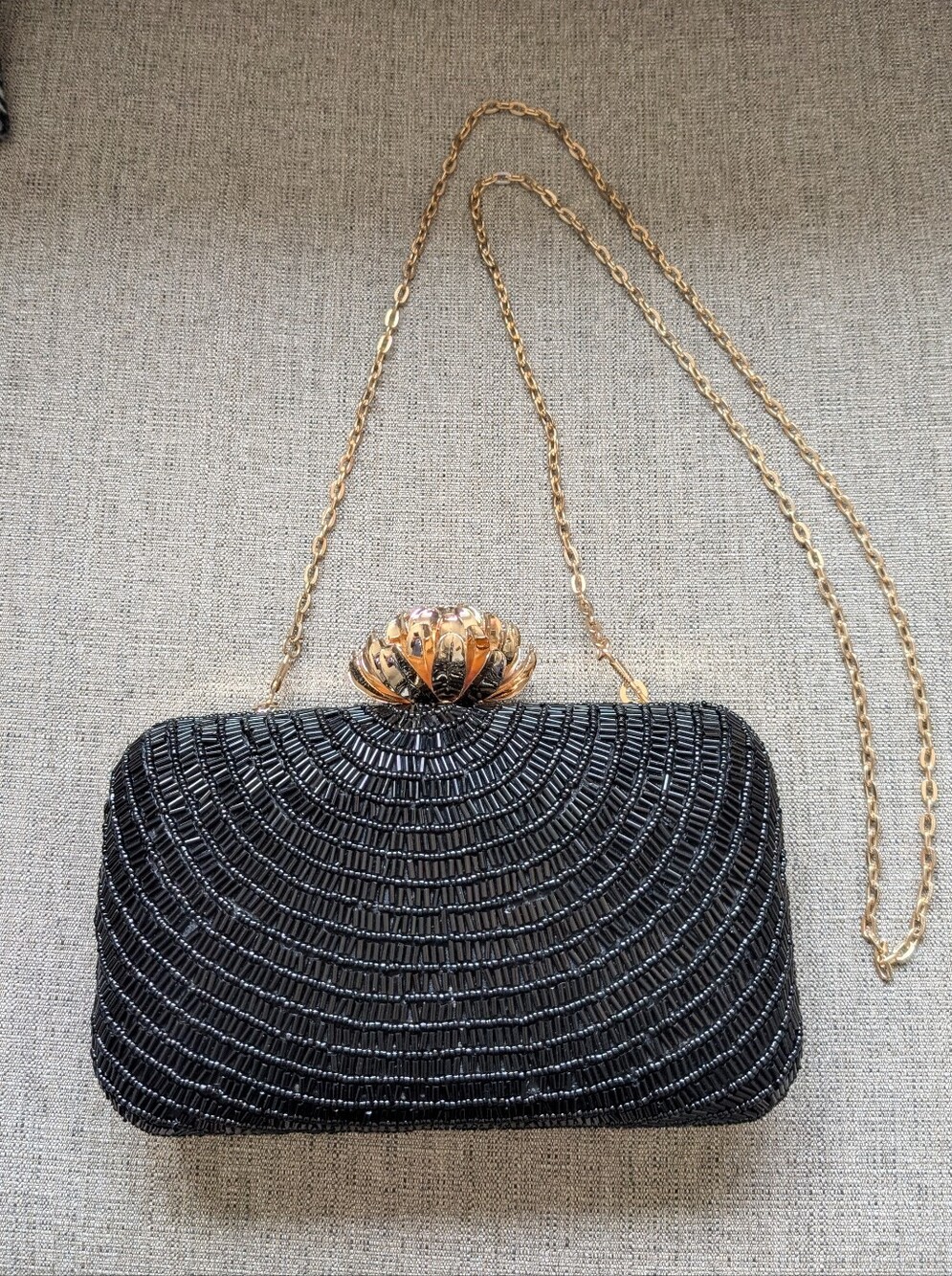 Black Beaded Evening Clutch with Gold Chain
